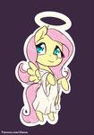  alasou angel_halo blue_eyes clothed clothing equine eyelashes feathered_wings feathers female fluttershy_(mlp) friendship_is_magic fur hair hooves looking_at_viewer mammal my_little_pony pegasus pink_hair purple_background simple_background smile solo wings yellow_feathers yellow_fur 