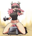 black_gloves boku_no_hero_academia boots breasts controller crotch_rub female_orgasm full_body gloves goggles hatsume_mei highres horned_headwear large_breasts long_hair masturbation masturbation_through_clothing midriff no_pants orgasm panties partly_fingerless_gloves pink_hair polyle pussy_juice remote_control sex_machine sex_toy solo sweat sybian symbol-shaped_pupils tank_top thighs unaligned_breasts underwear white_panties 
