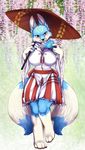  anthro blue_fur canine clothing cute female fox fur green_eyes ingi japanese_clothing kimono mammal smile solo 