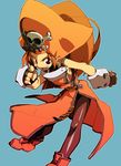  brown_eyes brown_hair fingerless_gloves gloves guilty_gear hat long_hair may_(guilty_gear) orange_hat orange_shirt pantyhose pirate_hat pointing pointing_at_viewer shirt skull_and_crossbones smile solo ysk! 
