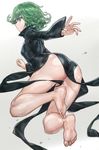  absurdres ass barefoot black_dress colored_eyelashes curly_hair dress eyelashes feet full_body green_eyes green_hair highres long_sleeves looking_at_another no_panties one-punch_man outstretched_arm short_hair silver_background solo tatsumaki wide_sleeves yohan1754 