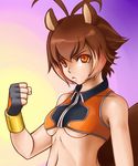  :&lt; alternate_breast_size animal_ears antenna_hair bare_shoulders blazblue breasts brown_hair clenched_hand crop_top fingerless_gloves gloves kaeru_(csit24) makoto_nanaya multicolored_hair navel orange_eyes revealing_clothes short_hair small_breasts solo squirrel_ears squirrel_tail tail two-tone_hair underboob upper_body 