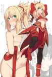  1boy 1girl armpits bandeau blonde_hair blush braid breasts clarent cleavage cowboy_shot crossed_arms detached_sleeves fate/apocrypha fate_(series) faulds green_eyes holding holding_sword holding_weapon medium_breasts mordred_(fate) mordred_(fate)_(all) navel nude ponytail shiseki_hirame sweatdrop sword underboob weapon white_background 