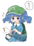  backpack bag blue_eyes blue_hair blush cabbie_hat d: hair_bobbles hair_ornament hat highres indian_style kawashiro_nitori key no_nose open_mouth pressing pushbutton sasa_kichi short_hair sitting skirt solo touhou trivia_no_izumi two_side_up v-shaped_eyebrows 