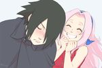  1girl bare_shoulders blue_background blush clenched_hands cloak closed_eyes forehead_protector grin hair_over_one_eye haruno_sakura lips long_hair naruto naruto_(series) pale_skin pink_hair risuo simple_background smile time_paradox twitter_username uchiha_sasuke upper_body 