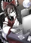  bow brown_hair cd chair commentary_request computer detached_sleeves drawer e.o. frilled_bow frills globe hair_bow hair_tubes hakurei_reimu hand_rest highres keyboard_(computer) monitor muted_color open_mouth red_bow ribbon-trimmed_sleeves ribbon_trim shelf sidelocks sitting solo table touhou typing wide_sleeves 