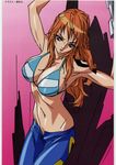  1girl armpits arms_up bare_arms bare_shoulders bikini_top black_eyes breasts cleavage erect_nipples ikazuchi_sugiyama large_breasts legs long_hair looking_at_viewer nami_(one_piece) navel one_piece orange_hair parted_lips simple_background solo standing striped striped_bikini tattoo thighs 