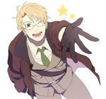  :d ;) ;d america_(hetalia) axis_powers_hetalia blonde_hair blue_eyes blush_stickers bomber_jacket brown_gloves dashi_(minzoku_gb) from_above glasses gloves green_neckwear jacket male_focus military military_uniform necktie one_eye_closed open_clothes open_jacket open_mouth outstretched_hand smile solo star uniform 