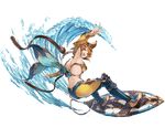  animal_ears brown_hair cailana erune full_body granblue_fantasy green_eyes hairband looking_at_viewer looking_back minaba_hideo official_art open_mouth skin_tight smile solo surfboard surfing transparent_background water 