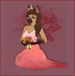  2015 anthro black_fur border breasts brown_eyes brown_fur brown_hair cleavage clothed clothing digital_media_(artwork) dress equine female flower front_view full-length_portrait fur hair holding_flower holding_object horn infinite-scribbles kneeling long_hair looking_at_viewer mammal multicolored_fur one_eye_closed pink_background pink_border plant ponytail portrait signature simple_background solo tan_horn two_tone_fur unicorn wink 