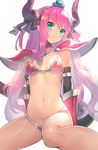  aguy armor bikini_armor blue_eyes blush breasts curled_horns elizabeth_bathory_(brave)_(fate) elizabeth_bathory_(fate)_(all) fate/grand_order fate_(series) gauntlets horns jewelry long_hair navel pauldrons pink_hair pointy_ears silver_trim sitting small_breasts smile solo tail wariza white_background 