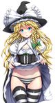  ass_visible_through_thighs bangs black_skirt blonde_hair blue_eyes bow braid breasts cleavage commentary_request corset cowboy_shot curiosities_of_lotus_asia ebi_193 green_bow hat hat_bow head_tilt kirisame_marisa lifted_by_self long_hair looking_at_viewer navel panties puffy_sleeves shiny shiny_clothes shiny_skin side_braid simple_background skirt skirt_lift small_breasts solo standing striped striped_legwear striped_panties thigh_gap thighhighs touhou underwear white_background white_bow witch_hat 