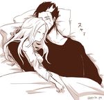  1girl darius_(league_of_legends) league_of_legends long_hair luxanna_crownguard monochrome multicolored_hair otani_(kota12ro08) scar sleeping two-tone_hair under_covers 