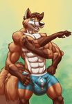  2016 anthro armpits black_fur blue_eyes boxers_(clothing) brown_fur bulge canine chipfox claws clothing flit fox fur looking_at_viewer male mammal multi_arm multi_limb multi_tail muscular muscular_male nipples orange_fur simple_background smile solo standing underwear white_fur 
