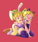  2girls bell blonde_hair blue_eyes blush bunnysuit carrot child closed_mouth eyebrows eyebrows_visible_through_hair fake_animal_ears female flat_chest full_body hair_ornament hair_ribbon holding kneeling multiple_girls open_mouth ponytail ribbon robojanai rockman rockman_(classic) roll shiny shiny_hair shiny_skin shoes simple_background tail yellow_eyes 