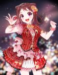  1girl :d asymmetrical_sleeves back_bow bang_dream! bangs blurry blurry_background blush bokeh bow bracelet brown_hair clenched_hand corsage cowboy_shot depth_of_field dew_(dltmf2266) flower flower_bracelet frilled_bow frilled_sleeves frills hair_bow hair_flower hair_ornament holding holding_star jewelry looking_at_viewer medium_hair neck_ribbon open_mouth overskirt pink_bow pink_flower pleated_skirt purple_eyes red_bow red_neckwear red_shirt red_skirt ribbon shirt short_sleeves skirt smile solo sparkle star star_hair_ornament striped striped_shirt toyama_kasumi vertical-striped_shirt vertical-striped_skirt vertical_stripes yellow_flower 