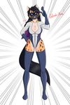  abs big_breasts black_hair boots breasts cape cleavage clothed clothing ear_piercing eyemask footwear gloves hair hero hyena legwear long_hair mammal mask muscular piercing skin_suit smile spots superhero thigh_highs tight_clothing trevhart 