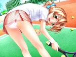  bent_over brown_hair game_cg joy_ride libido looking_at_viewer looking_back panties short_hair sokkou_hikaku_jirai_circle tennis_racket tennis_uniform tied_hair twintails underwear upskirt 