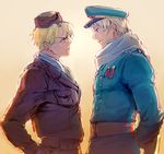  america_(hetalia) arms_behind_back axis_powers_hetalia blonde_hair blue_eyes bomber_jacket dashi_(minzoku_gb) double-breasted eye_contact gradient gradient_background hat jacket looking_at_another male_focus military military_uniform multiple_boys peaked_cap purple_eyes rivalry russia russia_(hetalia) scarf sunset uniform upper_body 