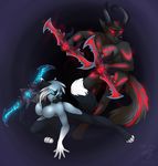  anthro breasts canine dragon duo featureless_breasts female glowing glowing_eyes hybrid jackiejackal male mammal melee_weapon nude weapon 