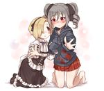  7010 :t bare_legs barefoot blonde_hair blood blood_splatter blush brown_eyes cosplay costume_switch drill_hair frills gothic_lolita grey_hair hair_over_one_eye hair_ribbon hairband height_difference hood hoodie idolmaster idolmaster_cinderella_girls kanzaki_ranko kanzaki_ranko_(cosplay) kneeling lolita_fashion multiple_girls outstretched_hand plaid plaid_skirt pout red_eyes red_skirt ribbon shirasaka_koume shirasaka_koume_(cosplay) short_hair skirt sleeves_past_wrists tears twin_drills twintails 