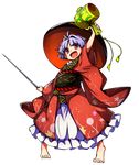  baba_(baba_seimaijo) barefoot bowl bowl_hat frills full_body hat highres holding_needle japanese_clothes kimono miracle_mallet needle purple_hair short_hair solo sukuna_shinmyoumaru tachi-e touhou transparent_background wide_sleeves 