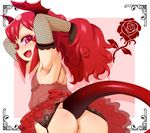  anus_peek armpits ass blush demon_girl demon_horns detached_sleeves fishnets flat_chest from_behind garter_belt hair_flip happy_king horns maou_beluzel nightgown nipples no_bra no_panties pink_eyes red_hair see-through sideways_mouth solo tail younger yuusha_to_maou 