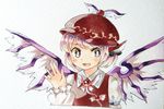  :d bird_wings blush brooch collared_shirt hat highres jewelry long_sleeves looking_at_viewer mystia_lorelei open_mouth pink_eyes pink_hair sasa_kichi scan scan_artifacts shirt short_hair smile solo touhou traditional_media upper_body vest waving winged_hat wings 