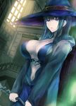  bangs blue_eyes breasts cleavage cloak collarbone commentary_request fura green_hair hat highres holding holding_staff large_breasts long_hair long_sleeves looking_at_viewer open_cloak original parted_lips sidelocks solo staff underboob upper_body witch_hat 