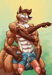  2016 animal_genitalia animal_penis anthro armpits big_penis black_fur blue_eyes boxers_(clothing) brown_fur canine canine_penis chipfox claws clothing erection flit fox fur looking_at_viewer male mammal multi_arm multi_limb multi_penis multi_tail muscular muscular_male nipples orange_fur penis pink_penis simple_background smile solo standing underwear white_fur 