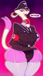  anthro big_breasts breasts choker clothing dialogue english_text eyelashes female hat huge_breasts humor legwear lipstick makeup mienshao nazi nintendo open_mouth panties pok&eacute;mon pok&eacute;morph pun red_eyes solo speech_bubble stockings sunibee text thick_thighs underwear video_games wide_hips 