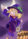  1girl alternate_costume blonde_hair blue_eyes broom capcom child cloud female flat_chest full_body hat holding long_hair long_sleeves looking_at_viewer moon night open_mouth pumpkin robojanai rockman rockman_(classic) roll sky solo star witch_hat 