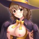  blush bow breasts brown_eyes brown_hair cape corset gloves hat idolmaster idolmaster_cinderella_girls large_breasts looking_at_viewer namiki_meiko nipples pataniito short_hair smile solo wavy_hair witch_hat 