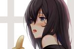  absurdres banana bare_shoulders black_eyes black_hair blush food from_side fruit highres long_hair looking_away original parted_lips saliva saliva_trail sexually_suggestive solo sonikey0_0 tongue tongue_out upper_body 