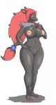  2016 anthro anthrofied areola big_breasts black_fur black_hair braided_hair breasts canine claws deadpliss_(artist) fan_character female fur grey_fur hair hand_on_hip ipan long_hair mammal navel nintendo nipples nude pink_nipples pok&eacute;mon pok&eacute;morph pussy red_claws red_eyes red_hair scar simple_background solo toe_claws video_games voluptuous white_background wide_hips zoroark 
