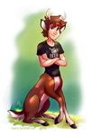  bottomless brown_eyes brown_hair cervine clothed clothing cloven_hooves deer digital_media_(artwork) dipper_pines disney english_text eyebrows fur grass gravity_falls hair hooves humor looking_at_viewer male mammal mistrel-fox multicolored_fur pun shirt short_hair simple_background sitting smile solo taur text 