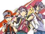  absurdres adjusting_clothes adjusting_hat age_progression backpack bag baseball_cap belt brown_hair comparison dated gen_1_pokemon hat highres holding holding_poke_ball ishmaiah_dado jacket multiple_persona open_clothes open_jacket pants pikachu poke_ball poke_ball_(generic) pokemon pokemon_(creature) pokemon_(game) pokemon_frlg pokemon_rgby pokemon_sm red_(pokemon) red_(pokemon_frlg) red_(pokemon_rgby) shirt short_sleeves signature smile t-shirt wristband younger z-ring 