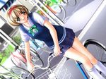  bicycle blonde_hair game_cg joy_ride libido plaid_skirt school_uniform short_hair socks sokkou_hikaku_jirai_circle 