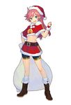  aqua_eyes belt bike_shorts boots capelet clenched_hand fingerless_gloves full_body fur_trim gloves hand_on_hip hat highres long_hair looking_at_viewer midriff navel official_art open_mouth peroshi_(graphic_loops) pink_hair round_teeth santa_costume santa_hat simple_background skirt solo standing tact_leonard teeth toys_drive white_background 