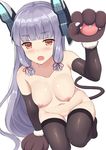  bangs blunt_bangs blush breasts cat_paws cat_tail elbow_gloves fang gloves hair_ribbon headgear highres kantai_collection long_hair medium_breasts mizunashi_kenichi murakumo_(kantai_collection) navel nipples nude open_mouth orange_eyes paw_gloves paws ribbon short_eyebrows silver_hair simple_background solo tail thigh_gap thighhighs tress_ribbon white_background 