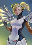  blonde_hair blue_background blue_eyes bodysuit breasts brown_legwear cowboy_shot ears faulds glint gradient gradient_background green_background high_ponytail holding holding_staff lion_(dielion) lips looking_at_viewer mechanical_halo mechanical_wings medium_breasts mercy_(overwatch) nose overwatch parted_lips smile solo spread_wings staff swiss_flag wings yellow_wings 