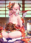  alcohol alicia_(granblue_fantasy) alternate_costume ass bangs blunt_bangs blush breasts combat_s-ko cross cross_earrings cup draph earrings gloves granblue_fantasy hair_ornament highres horns indoors inverted_nipples japanese_clothes jewelry kimono large_breasts lips long_hair looking_at_viewer looking_back mature naked_kimono nipples obi off_shoulder open_mouth pillow pink_hair pointy_ears red_eyes sakazuki sake sash seiza sitting smile solo thighhighs white_gloves white_legwear 