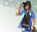  bag baseball_cap bell bell_collar black_hair breasts brown_eyes casual collar collarbone cowboy_shot dark_skin eye_of_horus facial_mark facial_tattoo gradient gradient_background grey_background hair_tubes hand_on_headwear handbag hat iceky light_smile looking_at_viewer open_clothes open_shirt overwatch pharah_(overwatch) shadow shirt short_sleeves shorts small_breasts solo strap tattoo 