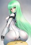  arched_back ass back blush bodysuit breasts c.c. cameltoe cheese-kun closed_mouth code_geass covered_nipples doll from_behind green_hair highres johan_(johan13) long_hair looking_at_viewer looking_back medium_breasts skin_tight solo straitjacket taut_clothes white_bodysuit yellow_eyes 