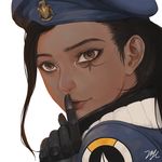  21yc_(september_breeze) ana_(overwatch) beret black_hair dark_skin face finger_to_mouth hat highres looking_at_viewer overwatch shushing solo 