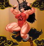  1girl artist_name black_hair female horns long_hair monster_girl muscle oboro_muramasa oni pointy_ears rajaki_(oboro_muramasa) red_eyes 