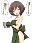  :d ^_^ ^o^ aikawa_ryou akiyama_yukari alternate_costume apron bare_arms bare_shoulders blush body_blush breasts brown_hair camouflage_apron cleavage closed_eyes commentary cowboy_shot eyebrows eyebrows_visible_through_hair girls_und_panzer gloves green_apron green_gloves heart medium_breasts mittens naked_apron open_mouth pot shinkon_santaku sideboob simple_background smile solo speech_bubble standing steam talking translated white_background 