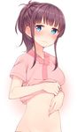  bad_id bad_pixiv_id blue_eyes blush breasts eyebrows eyebrows_visible_through_hair fingernails gradient gradient_background groin hand_on_own_stomach hospital_gown lifted_by_self long_hair looking_at_viewer medium_breasts midriff navel nekoume new_game! nose_blush ponytail purple_hair shirt short_sleeves sidelocks solo stomach sweatdrop takimoto_hifumi upper_body 