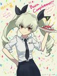  2016 akitsuchi_shien anchovy anzio_school_uniform black_ribbon breasts brown_eyes confetti dated drill_hair food fruit girls_und_panzer green_hair hair_ribbon hand_on_hip happy_birthday italian long_hair medium_breasts necktie partially_translated ribbon smile solo strawberry translation_request twintails uniform 