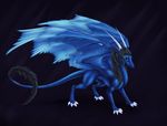  black_hair blue_eyes blue_feathers blue_scales claws dragon feathered_dragon feathered_wings feathers female feral hair oksara purple_background scales simple_background solo standing wings 